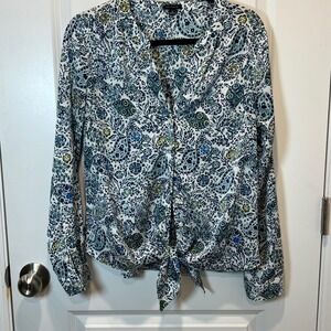 Ann Taylor Womens Size Medium Floral Print Button‎ Up Tie Front Blouse